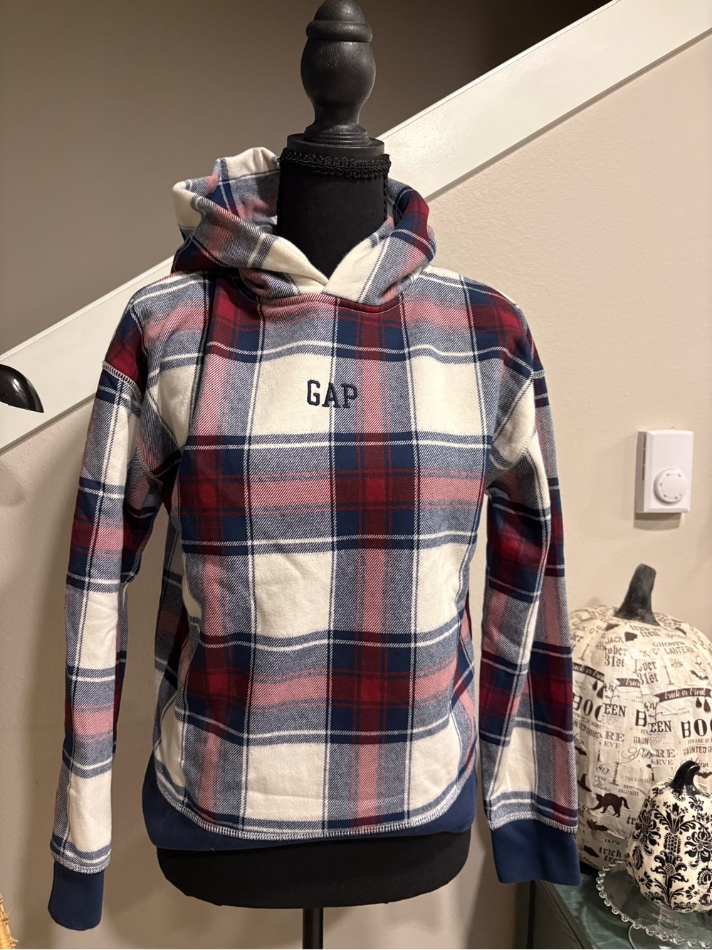 GAP Girls Plaid Hooded Pullover - Red, Navy & White